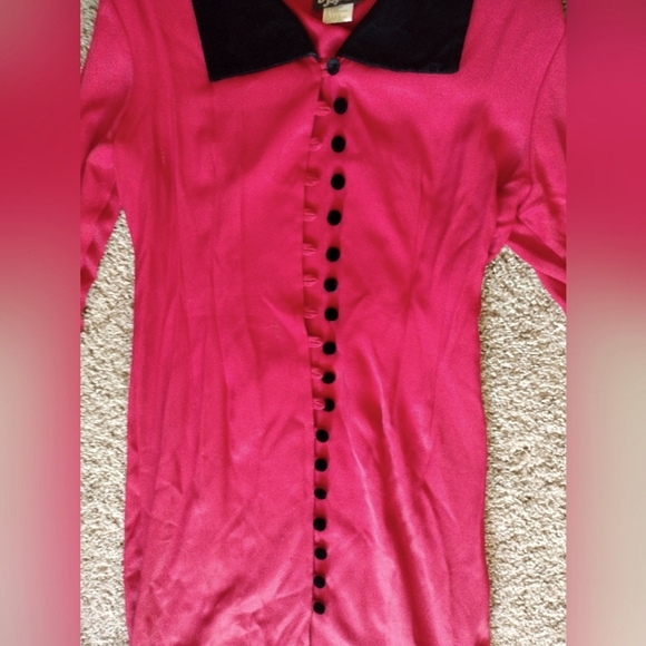 Dawn Joy Vintage Ruby Red Button Down Dress Velvet Accents - Picture 9 of 14